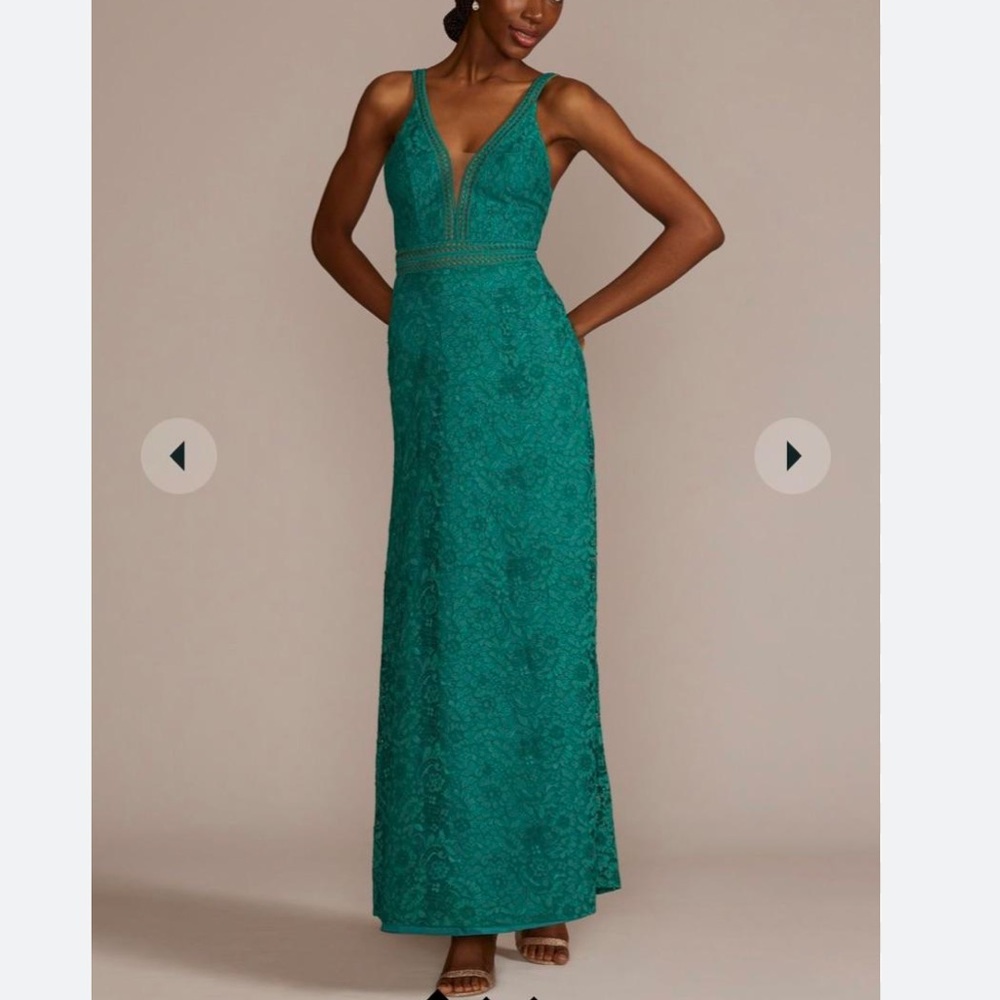 David's Bridal Lace Illusion Plunge Gown-Teal Sea Wave Maxi Dress,Open Back 2/XS